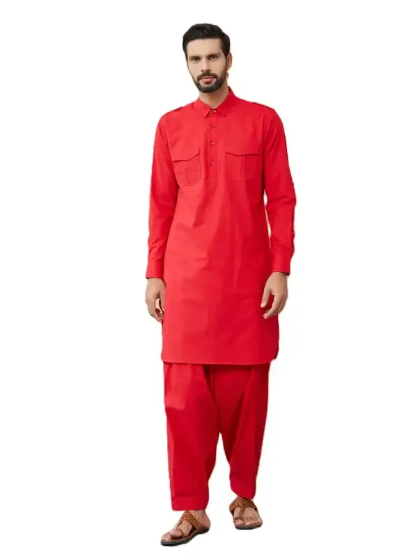 Red_Cotton_Slub_Pathani_Kurta_With_Salwar