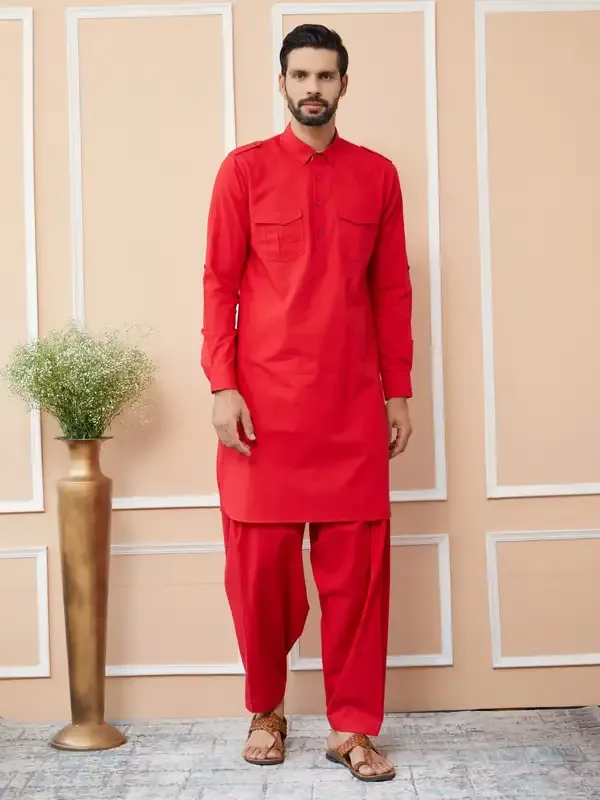 Red_Cotton_Slub_Pathani_Kurta_With_Salwar