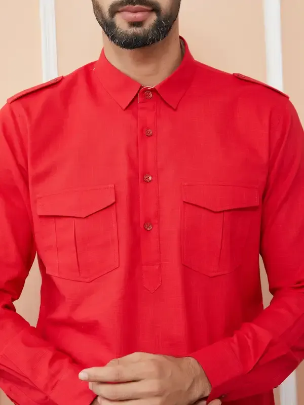 Red_Cotton_Slub_Pathani_Kurta_With_Salwar