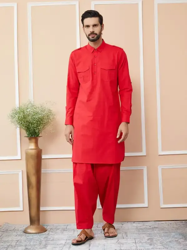 Red_Cotton_Slub_Pathani_Kurta_With_Salwar