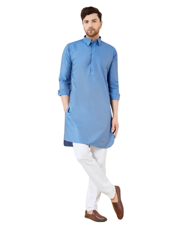 Men_Blue_Cotton_Solid_Pathani_Kurta_With_Pyjama