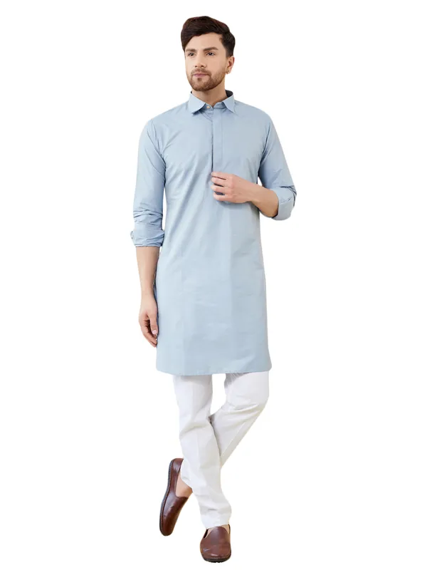 Men_Blue_Cotton_Solid_Pathani_Kurta_With_Pyjama