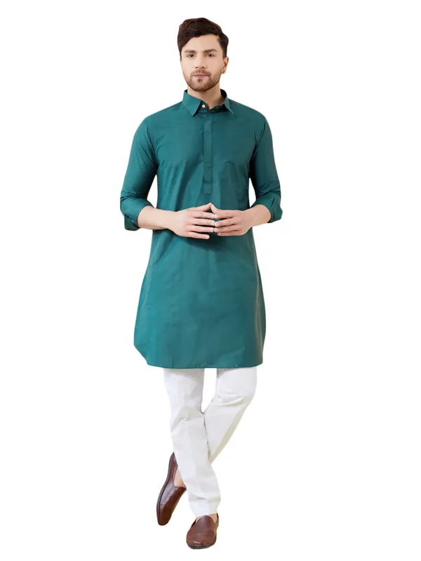 Men_Green_Cotton_Solid_Pathani_Kurta
