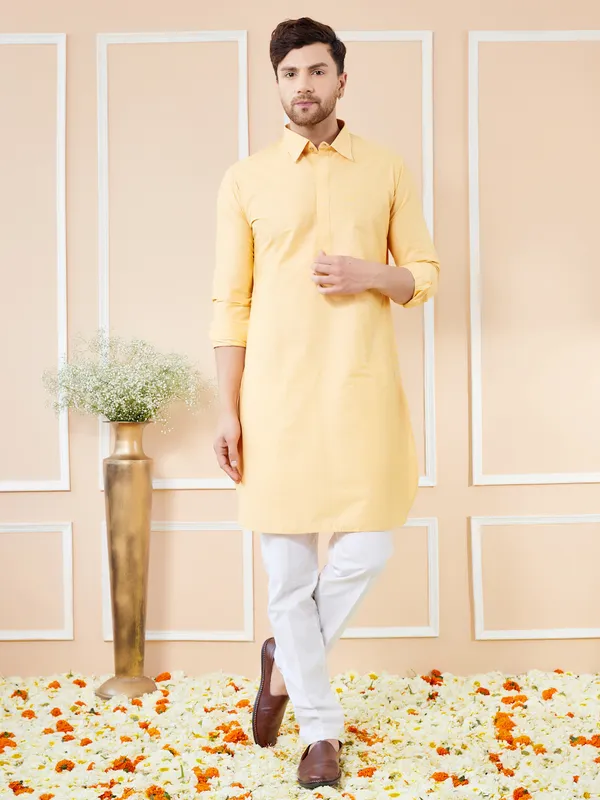 Men_Yellow_Cotton_Solid_Pathani_Kurta_With_Pyjama