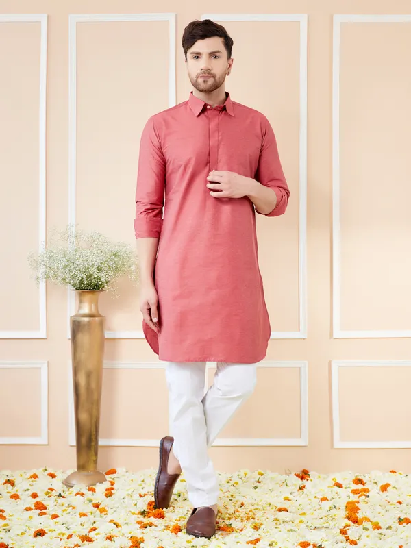 Men_Red_Cotton_Solid_Pathani_Kurta_With_Pyjama