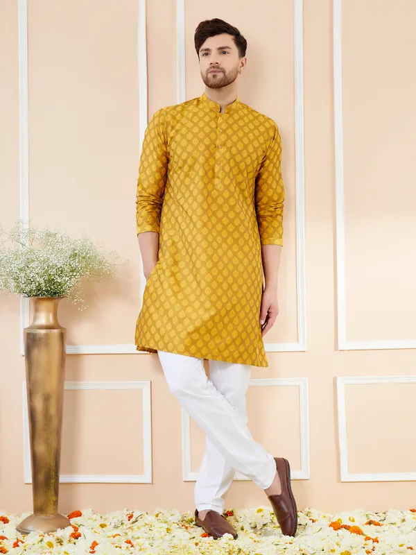 Mustard_Ethnic_Motifs_Silk_Jacquard_Woven_Design_Straight_Kurta_With_Pyjama