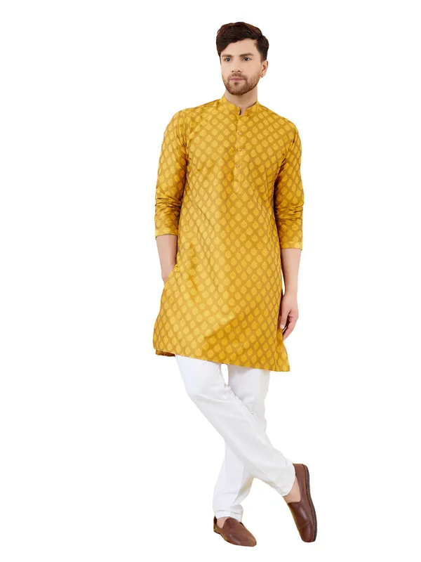 Mustard_Ethnic_Motifs_Silk_Jacquard_Woven_Design_Straight_Kurta_With_Pyjama