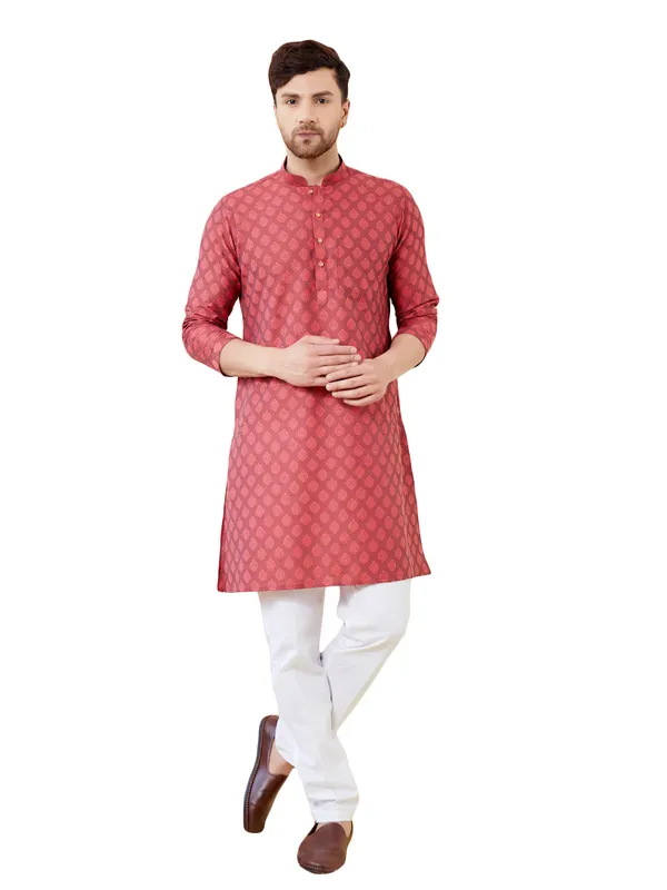Red_Ethnic_Motifs_Silk_Jacquard_Woven_Design_Straight_Kurta_With_Pyjama
