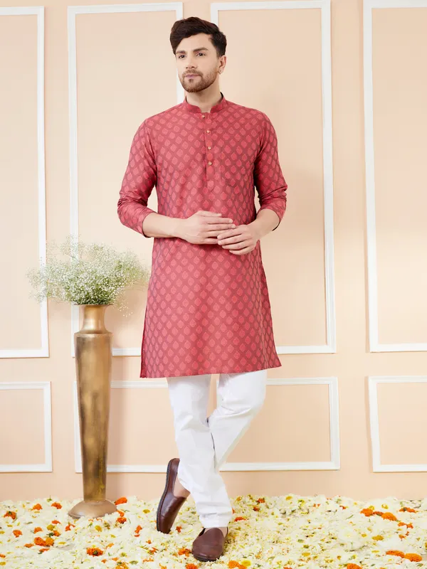 Red_Ethnic_Motifs_Silk_Jacquard_Woven_Design_Straight_Kurta_With_Pyjama