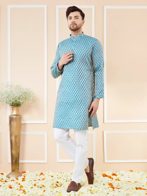 Blue_Ethnic_Motifs_Silk_Jacquard_Woven_Design_Straight_Kurta_With_Pyjama