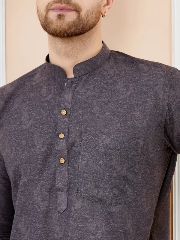 Black_Ethnic_Motifs_Silk_Jacquard_Woven_Design_Straight_Kurta_With_Pyjama
