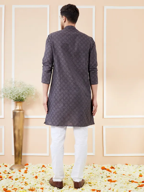 Black_Ethnic_Motifs_Silk_Jacquard_Woven_Design_Straight_Kurta_With_Pyjama