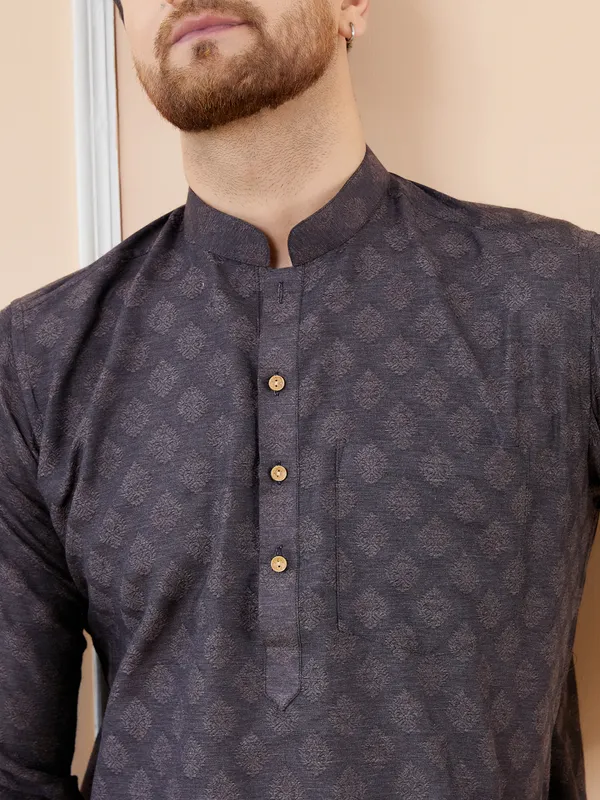 Black_Ethnic_Motifs_Silk_Jacquard_Woven_Design_Straight_Kurta_With_Pyjama