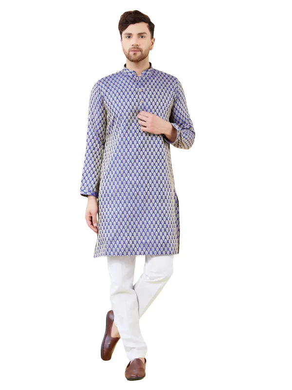Blue_Ethnic_Motifs_Silk_Jacquard_Woven_Design_Straight_Kurta_With_Pyjama