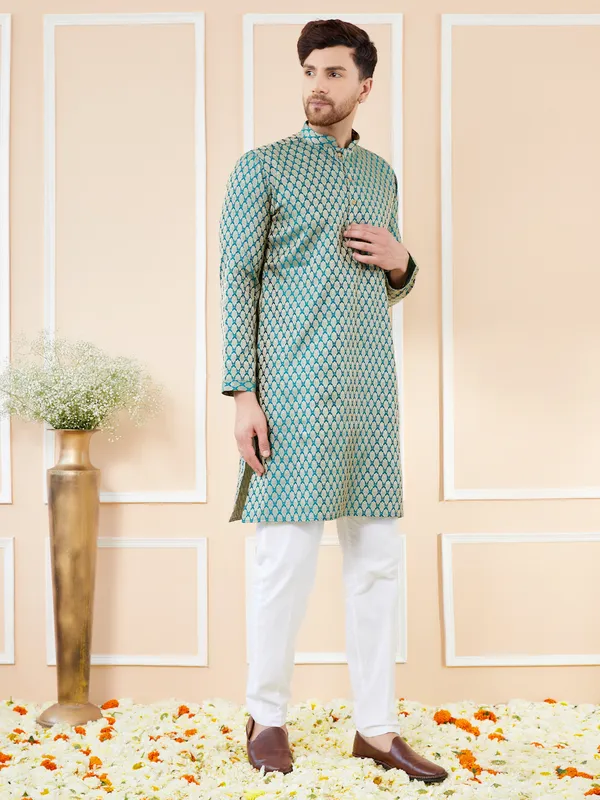 Blue_Ethnic_Motifs_Silk_Jacquard_Woven_Design_Straight_Kurta_With_Pyjama