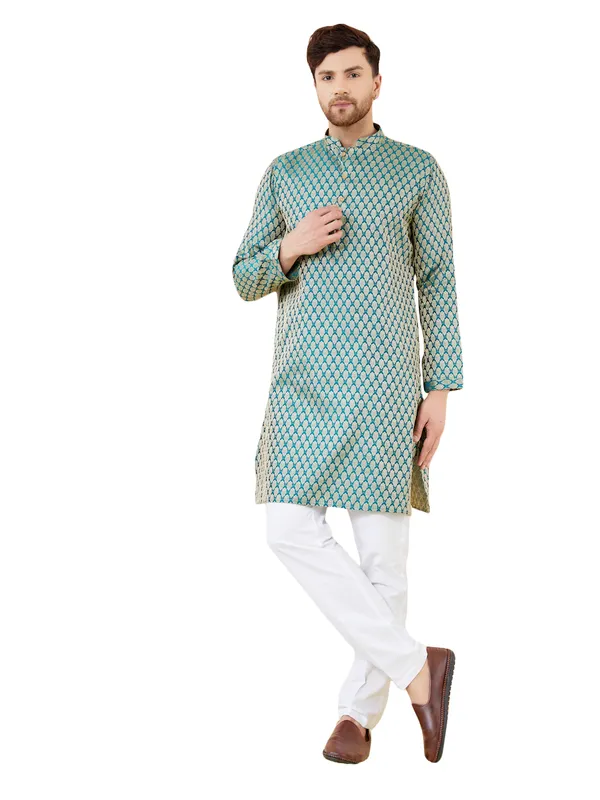 Blue_Ethnic_Motifs_Silk_Jacquard_Woven_Design_Straight_Kurta_With_Pyjama