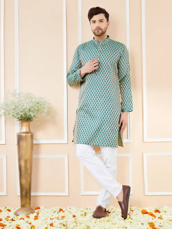 Blue_Ethnic_Motifs_Silk_Jacquard_Woven_Design_Straight_Kurta_With_Pyjama