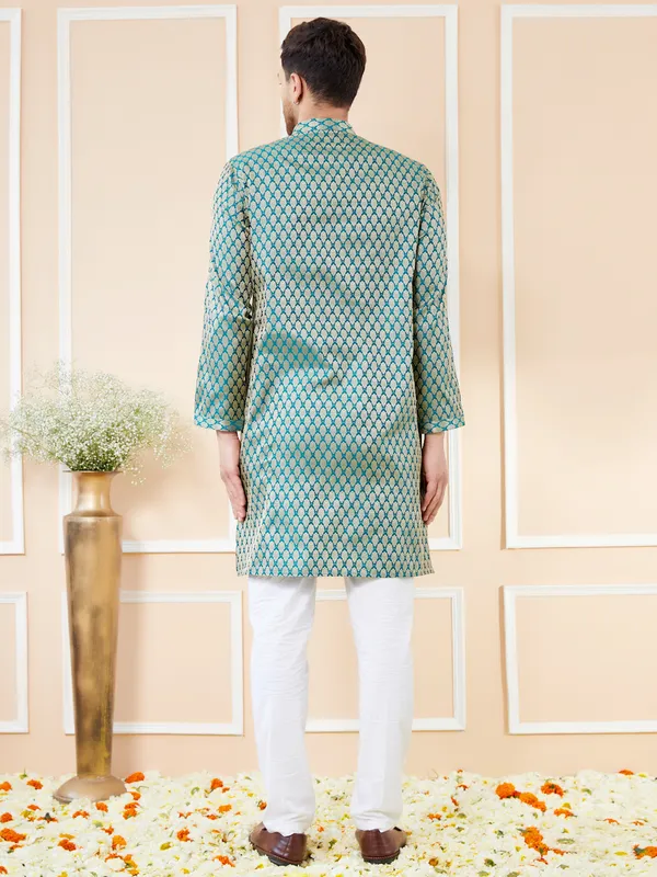 Blue_Ethnic_Motifs_Silk_Jacquard_Woven_Design_Straight_Kurta_With_Pyjama