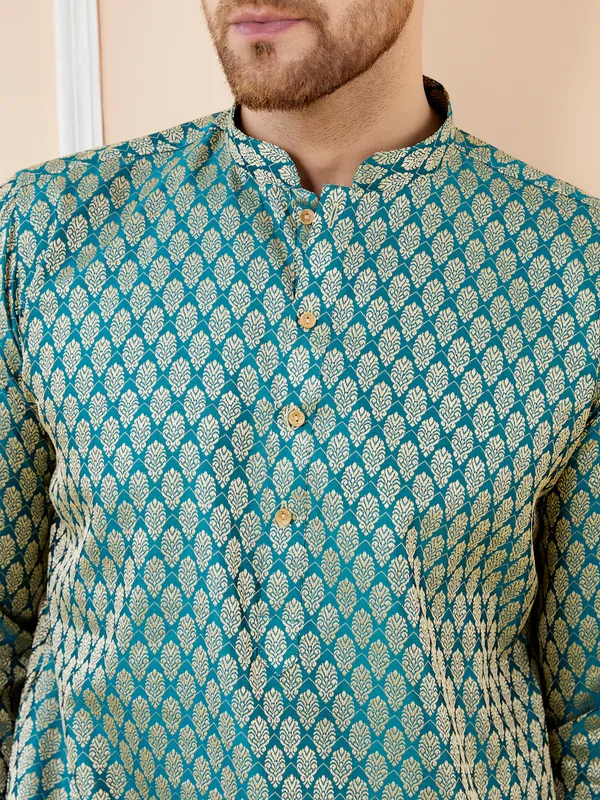 Blue_Ethnic_Motifs_Silk_Jacquard_Woven_Design_Straight_Kurta_With_Pyjama