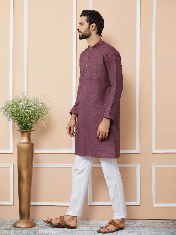 Dark_Mauve_Ethnic_Motifs_Silk_Jacquard_Woven_Design_Straight_Kurta_With_Pyjama