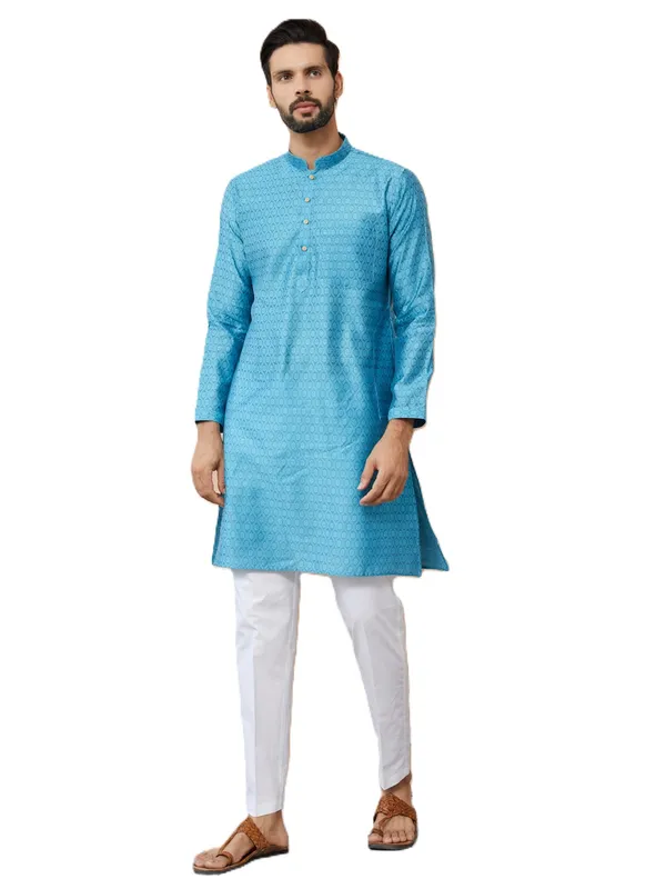 Light_Blue_Ethnic_Motifs_Silk_Jacquard_Woven_Design_Straight_Kurta_With_Pyjama