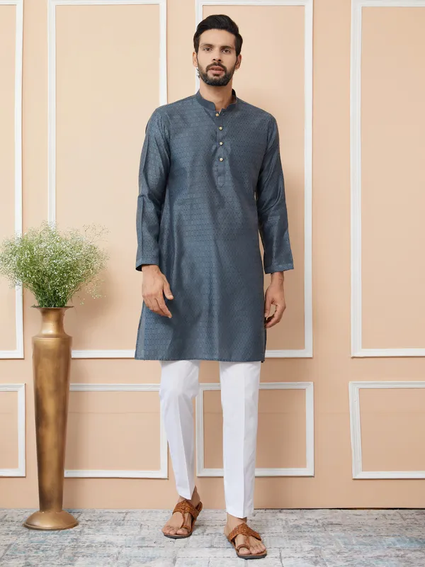 Charcoal_Grey_Ethnic_Motifs_Silk_Jacquard_Woven_Design_Straight_Kurta_With_Pyjama