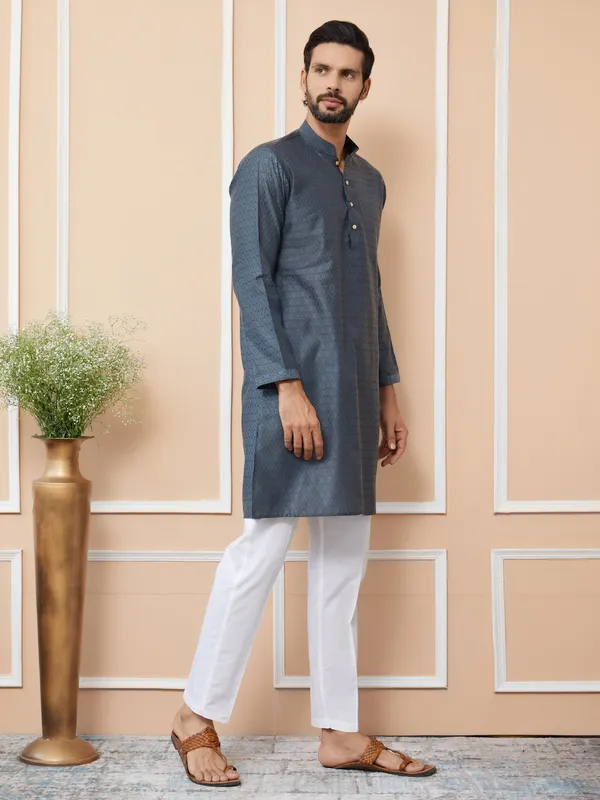 Charcoal_Grey_Ethnic_Motifs_Silk_Jacquard_Woven_Design_Straight_Kurta_With_Pyjama