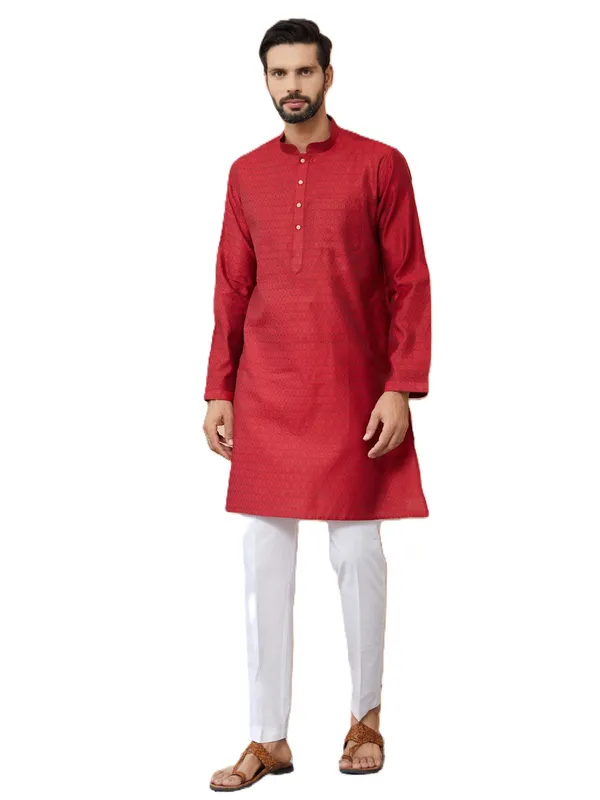 Red_Ethnic_Motifs_Silk_Jacquard_Woven_Design_Straight_Kurta_With_Pyjama