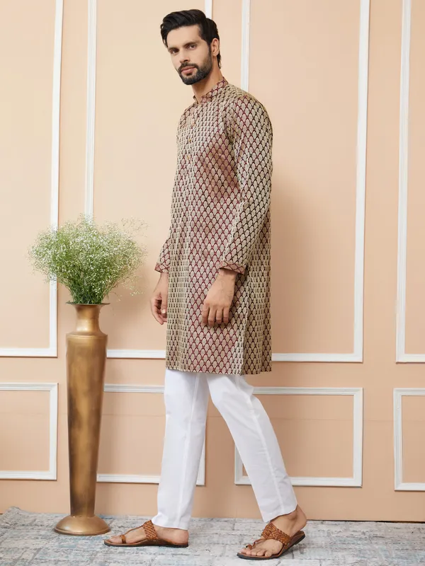 Dark_Mauve_Ethnic_Motifs_Silk_Jacquard_Woven_Design_Straight_Kurta_With_Pyjama