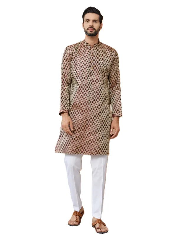 Dark_Mauve_Ethnic_Motifs_Silk_Jacquard_Woven_Design_Straight_Kurta_With_Pyjama