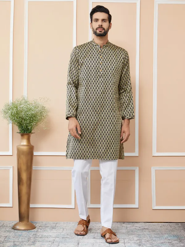 Black_Ethnic_Motifs_Silk_Jacquard_Woven_Design_Straight_Kurta_With_Pyjama