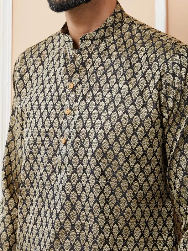 Black_Ethnic_Motifs_Silk_Jacquard_Woven_Design_Straight_Kurta_With_Pyjama