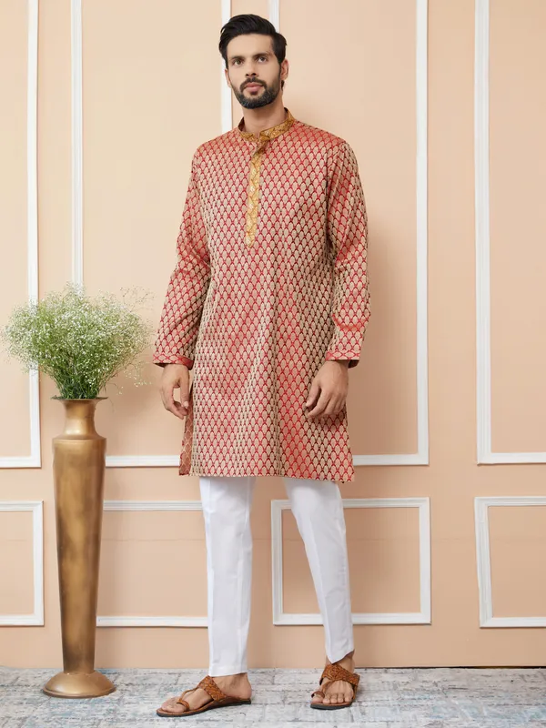 Red-Beige_Ethnic_Motifs_Silk_Jacquard_Woven_Design_Straight_Kurta_With_Pyjama_With_Embroidered_Neckline