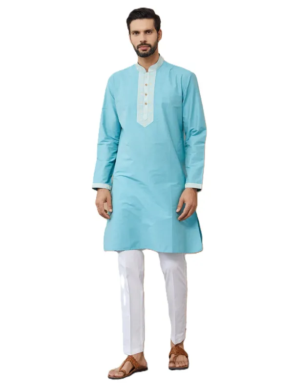 Blue_Solid_Cotton_Straight_Kurta_With_Pyjama_With_Jacquard_Neckline