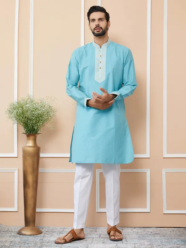 Blue_Solid_Cotton_Straight_Kurta_With_Pyjama_With_Jacquard_Neckline