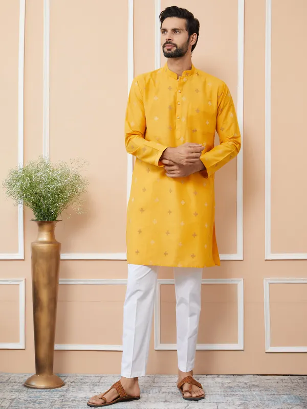 Mustard_Cotton_Handloom_Motifs_Straight_Kurta_With_Pyjama