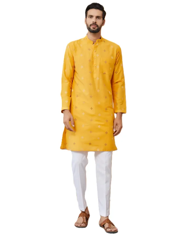 Mustard_Cotton_Handloom_Motifs_Straight_Kurta_With_Pyjama