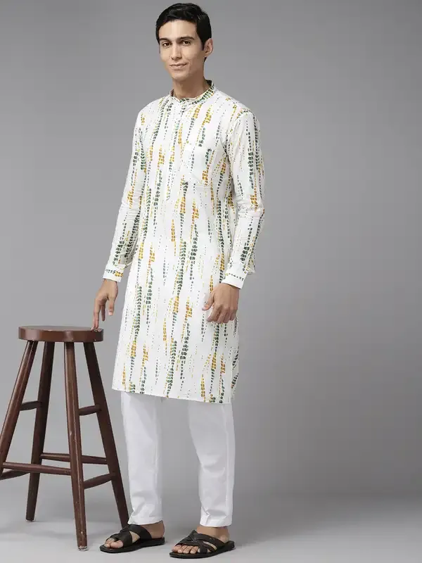 Men_White_&_Mustard_Pure_Cotton_Printed_Staright_Kurta_With_Pajama