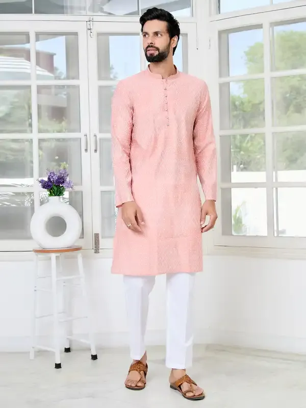 Peach_Embossed_Printed_And_Foil_Printed_Straight_Kurta_With_Pyjama