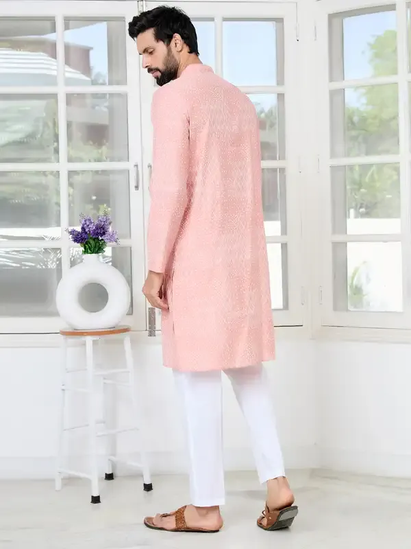 Peach_Embossed_Printed_And_Foil_Printed_Straight_Kurta_With_Pyjama