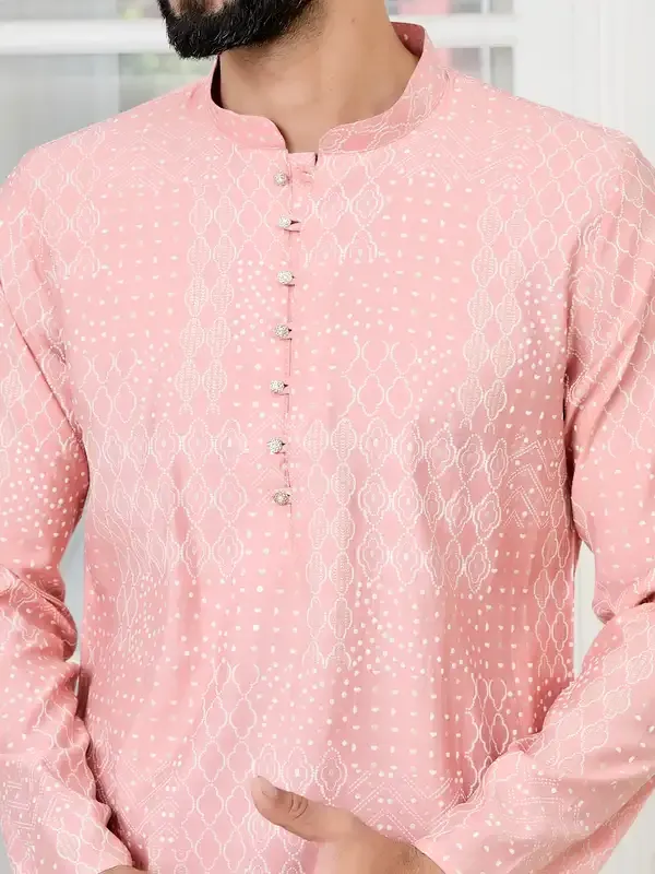 Peach_Embossed_Printed_And_Foil_Printed_Straight_Kurta_With_Pyjama