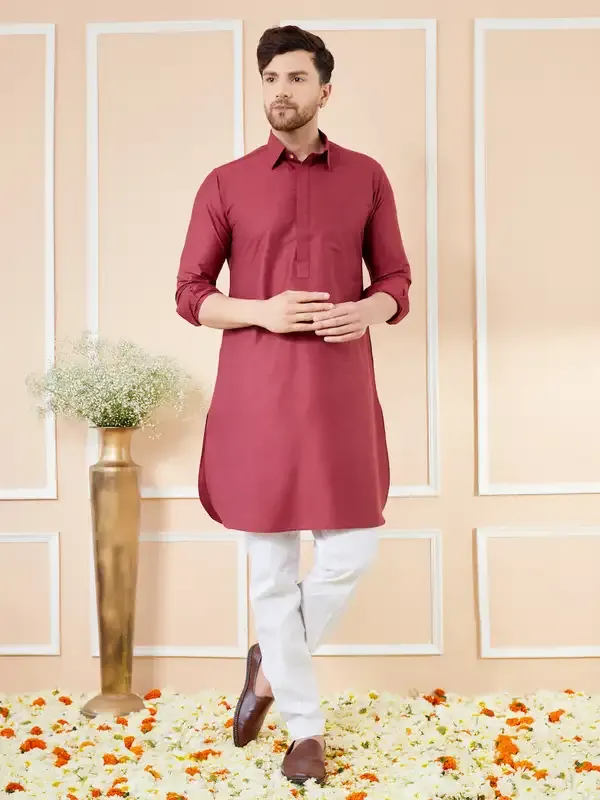 Men_Red_Cotton_Solid_Pathani_Kurta_With_Pyjama