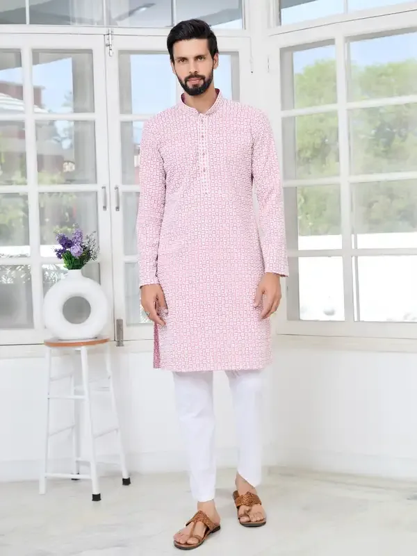 Pink_Thread_Embroidered_And_Sequinned_Rayon_Straight_Kurta_With_Pyjama