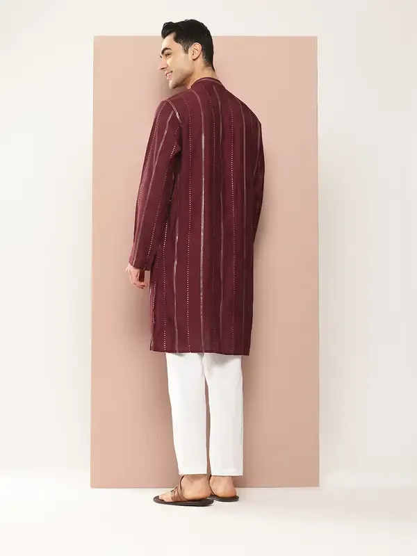 Men_Burgundy_And_Gold_Chanderi_Silk_Sequins_Kurta_With_Pyjama