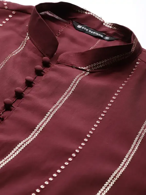 Men_Burgundy_And_Gold_Chanderi_Silk_Sequins_Kurta_With_Pyjama