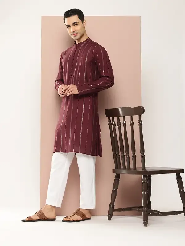 Men_Burgundy_And_Gold_Chanderi_Silk_Sequins_Kurta_With_Pyjama
