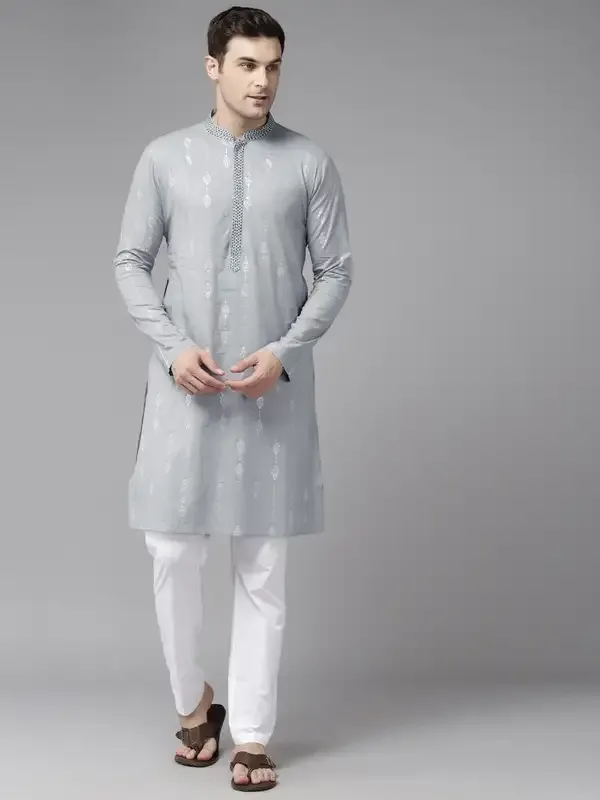 Men_Grey_&_Blue_Pure_Cotton_Embroidered_Staright_Kurta_With_Pajama