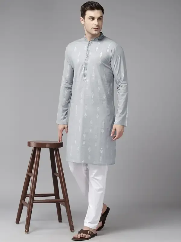 Men_Grey_&_Blue_Pure_Cotton_Embroidered_Staright_Kurta_With_Pajama