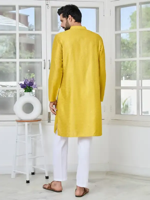 Yellow_Embroidered_Thread_Work_Sequinned_Chanderi_Silk_Straight_Kurta_With_Pyjama