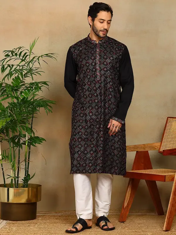 Black_Sequins_Embroidered_Viscose_Straight_Kurta_With_Pyjama